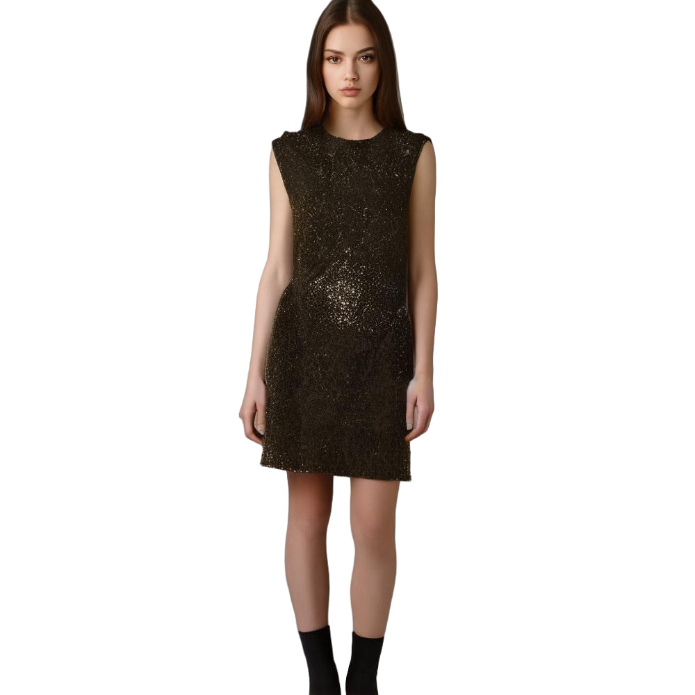 Faith Connexion Black Sequin Dress Midi Shift Crew Neck Sleeveless Size Small